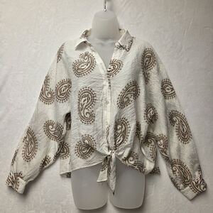 HALOGEN Womens Sheer Top Long Sleeve Brown Paisley Button Up Tie Front SZ Medium